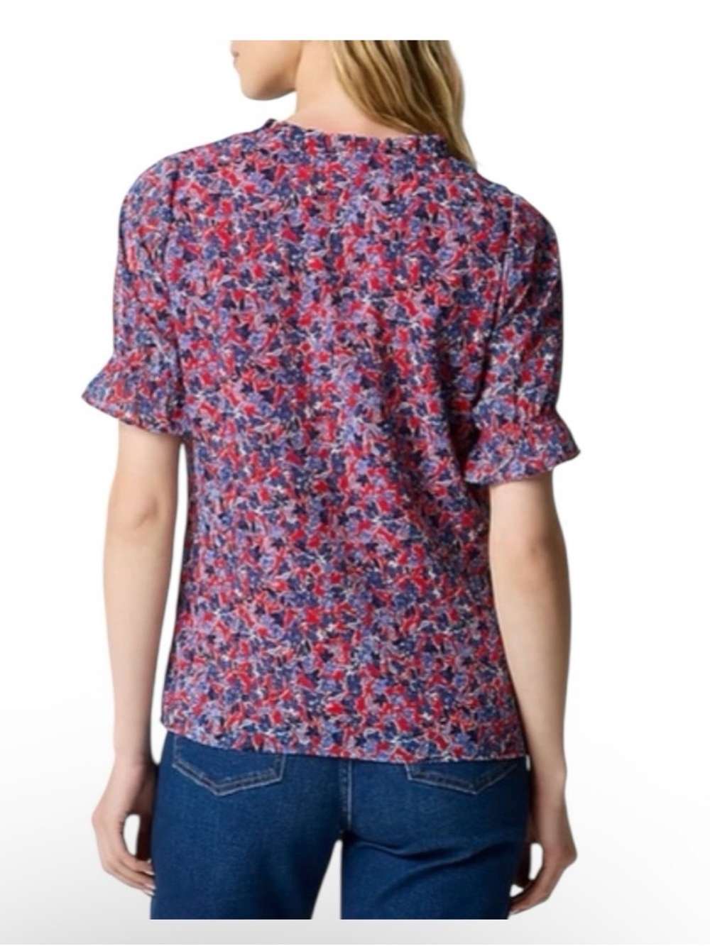 J. Crew Red & Blue Floral Ruffled Notch-Neck Blouse - Picture 3 of 5
